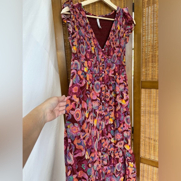NWOT Anthropologie Peregrine mixed print burgundy smocked maxi dress - Picture 7 of 11